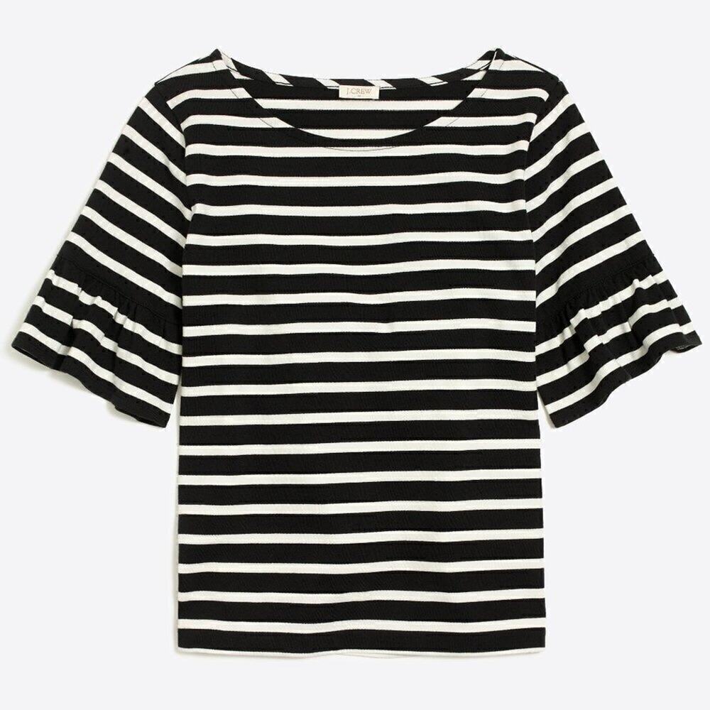 J.Crew Factory Black & White Striped Cotton Short Ruffle Sleeve Tee Size XS